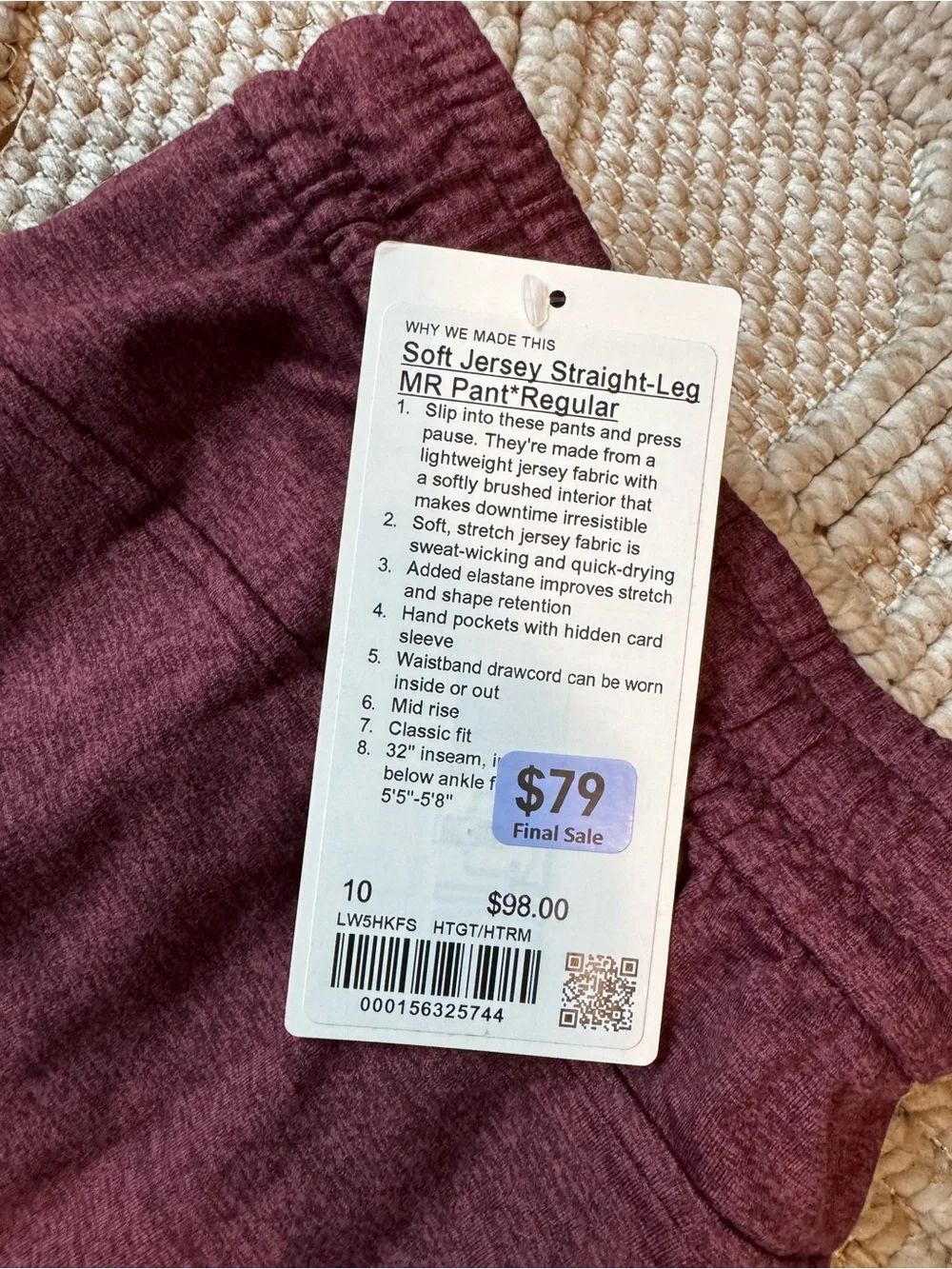 NWT Lululemon Soft Jersey Straight-Leg Mid-Rise Pants Heathered Garnet Size 10
